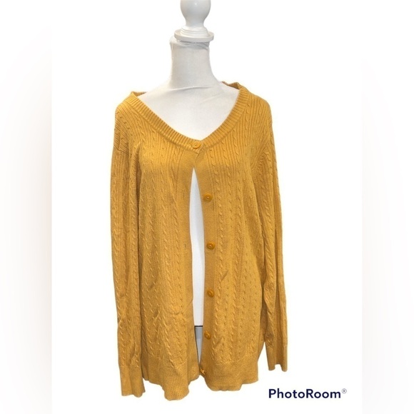 Laura Scott Cable Knit Crew Neck Mustard Yellow Button Cardigan Size 16W/18W - Picture 1 of 6